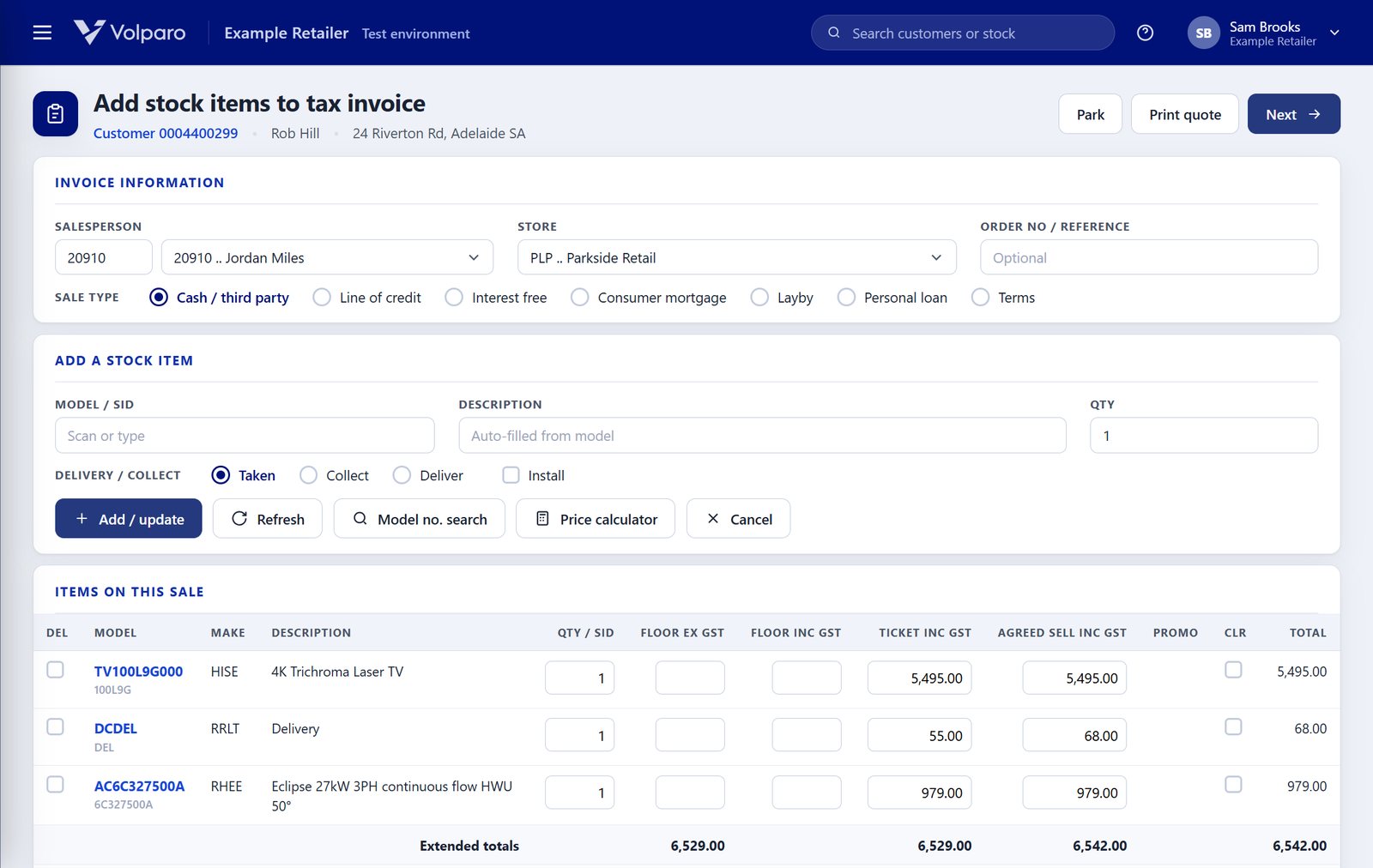Volparo point of sale: adding stock items to a tax invoice with sale type, stock lines and live totals.