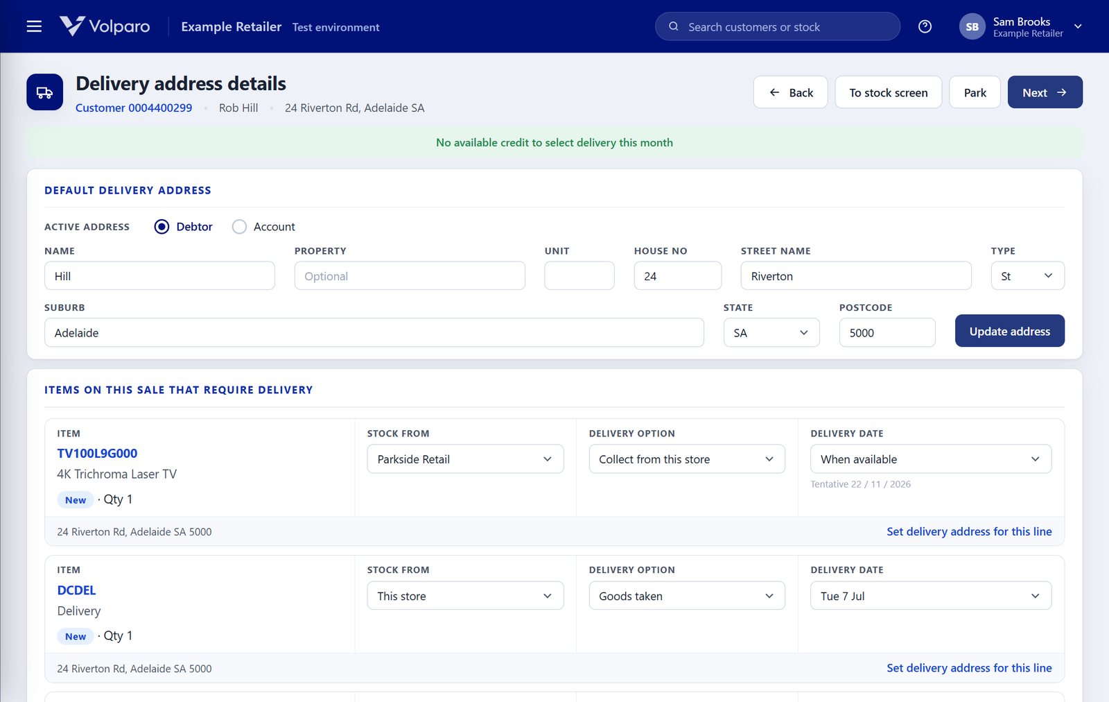 Volparo delivery address details: set delivery per line, stock source, delivery option and date.