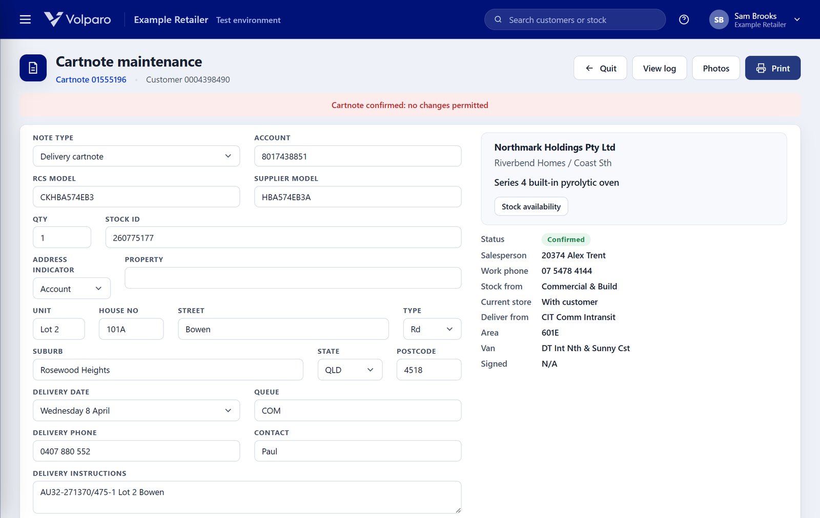 Volparo delivery slot sales: scheduled deliveries by area and slot with cartnotes, customers and addresses.