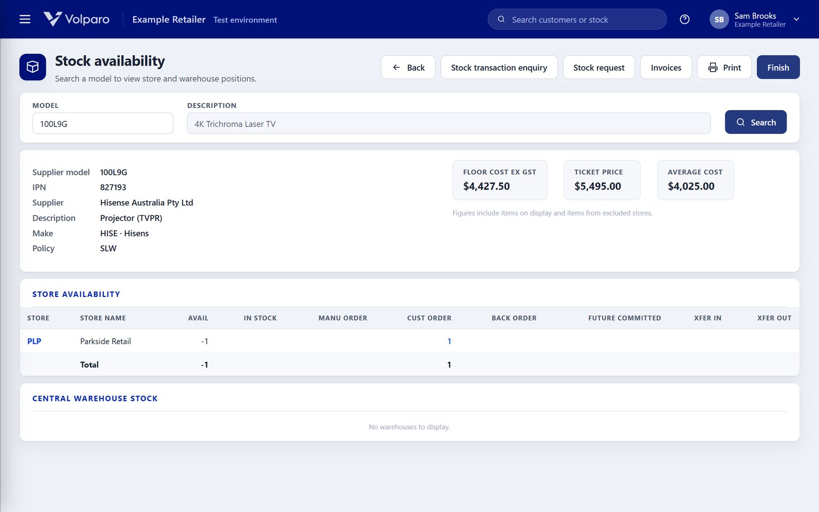 Volparo stock availability: supplier and cost details with store availability across the network.